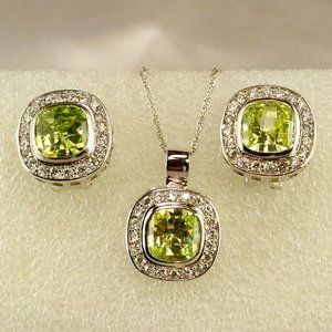 New Charles Winston Yellow Green Doublet CZ Silver Necklace, Earrings